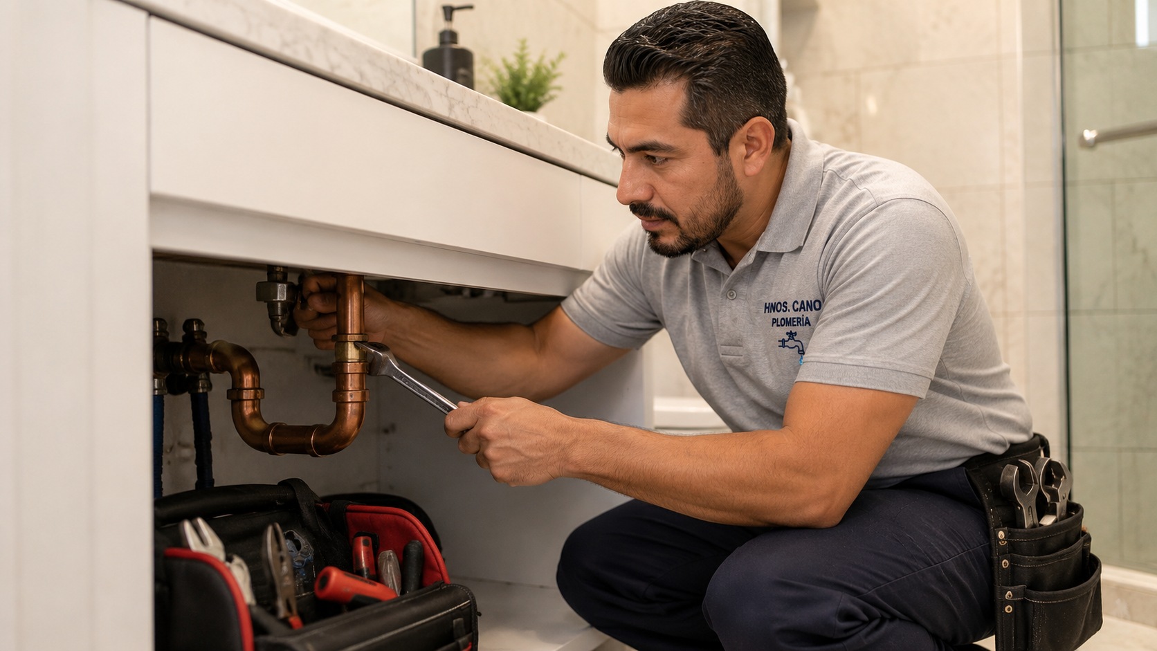Técnico de HNOS CANO trabajando en instalación de plomería